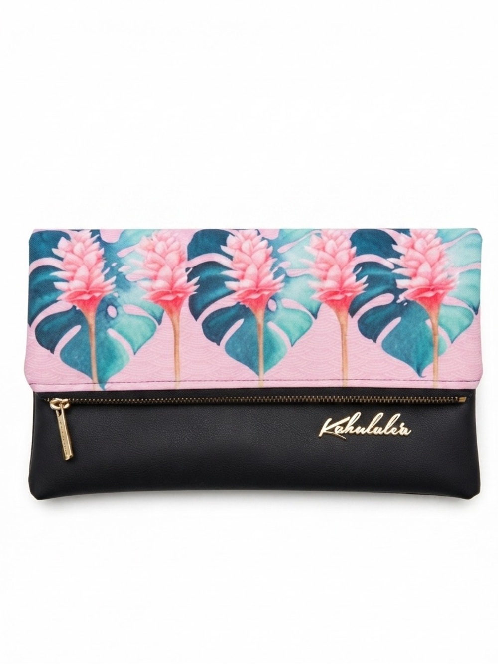 🆕 NWOT Kahulale’a • Hawaii • Fold Over Clutch • Black Pink Ginger Monstera Print